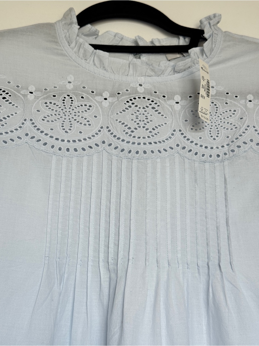 NWT MADEWELL Embroidered Pintuck High-Neck Top Soft Blue Small 100% Cotton NZ462 - Picture 9 of 14